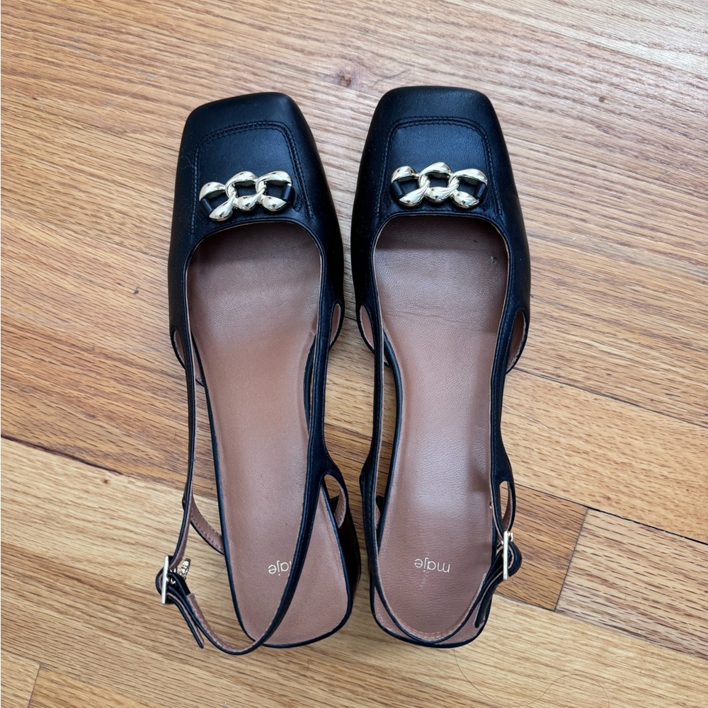 Maje Black Leather Loafers with Gold Chain Detail